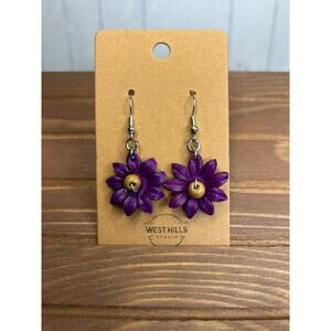 Genuine Leather Flower Earrings Purple Daisy Dangle Earrings NEW!  FAST SHIP
